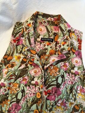 Vintage 1970s Linen Blend Tropical Bird and Floral Halter Jumpsuit